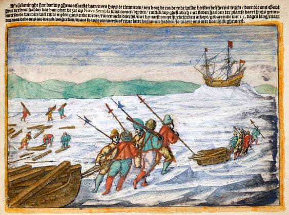 EXPEDITION BARENTS Expedition of Willem Barents 1550 1597 through the Arctic in 1596 Miniature from the Dutch manuscript Waerachtighe Beschrijvinghe from 1598 16th, 16th c Credit Collection  KH401985