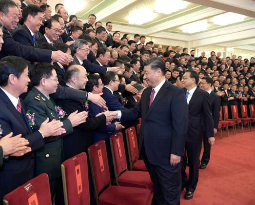 (200110) -- BEIJING, Jan. 10, 2020 -- Chinese President Xi Jinping, also general secretary of the Communist Party of China (CPC) Central Committee and chairman of the Central Military Commission, and other leaders, including Li Keqiang, Wang Huning, and Han Zheng, all members of the Standing Committee of the Political Bureau of the CPC Central Committee, meet with representatives of the award winners before an annual ceremony to honor distinguished scientists, engineers and research achievements at the Great Hall of the People in Beijing, capital of China, Jan. 10, 2020. ) CHINA-BEIJING-TOP SCIENCE AWARD (CN) LixXueren