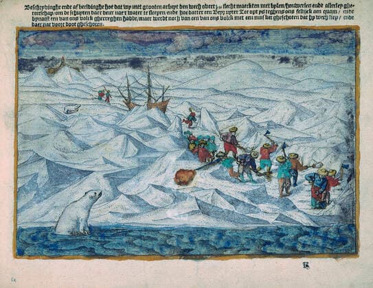 EXPEDITION BARENTS Expedition of Willem Barents across the Arctic in 1596 Polar bear in foreground Miniature from the Dutch manuscript Waerachtighe Beschrijvinghe from 1598 16th, 16th c Credit Collection  KH405176