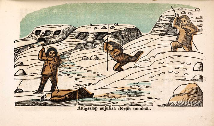 GREENLAND 19th century Akigssiap sujulisa itortik tokukat Natives of Greenland, one of them is killed by a harpoon Illustration circa 1860 Credit Collection British Library KHARBINE TAPABOR  KH414984