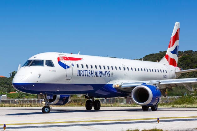 British Airways BA CityFlyer Embraer 190 aircraft Skiathos Skiathos Airport, Greece 30 July 2019 An Embraer 190 aircraft of British Airways BA CityFlyer with registration mark G LCYL at Skiathos JSI Airport in Greece