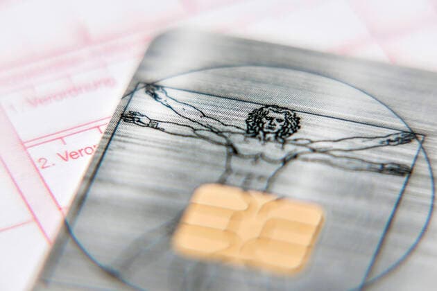 Medical practice, electronic health card, detail of Leonardo logo and data chip health care 8