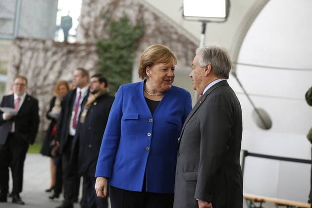 Several heads of state and government are expected, including French President Emmanuel Macron, Britain s Prime Minister Boris Johnson, Turkish President Recep Tayyip Erdogan and Russian President Vladimir Putin. Representatives from China, the United Ara Chancellor Angela Merkel and UN Secretary General Antonio Guterres in the courtyard of the Federal Chancellery to the Libya conference in Berlin. Berlin Berlin-Tiergarten Germany Federal Chancellery, Willy-Brandt-Straße 1, 10557 Berlin