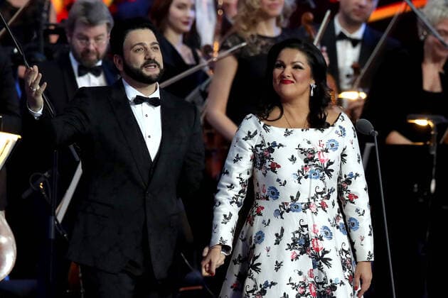 MOSCOW, RUSSIA - JANUARY 19, 2020: Opera singers Yusif Eyvazov and Anna Netrebko at a concert at the State Kremlin Palace marking the 50th birthday of Abkhazian-born soprano Hibla Gerzmava. Vyacheslav Prokofyev TASS  TS0CACB1
