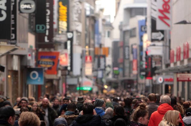 Crowd of people and large crowds of customers in the pedestrian zone Hohe Straße on a Saturday in Cologne, North Rhine-Westphalia, Germany