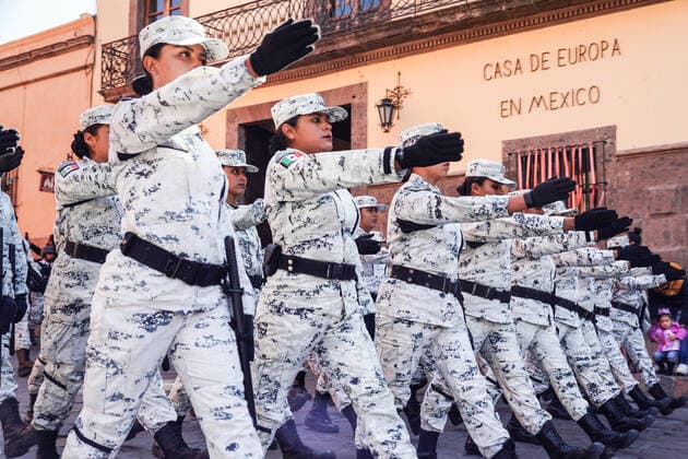 January 21, 2020, San Miguel De Allende, Guanajuato, Mexico: Members of the Mexican National Guard march in a parade to celebrate the 251st birthday of the Mexican Independence hero Ignacio Allende January 21, 2020 in San Miguel de Allende, Guanajuato, Mexico. Allende, from a wealthy family in San Miguel played a major role in the independency war against Spain in 1810 and later honored by his home city by adding his name. San Miguel De Allende Mexico - ZUMAe02_ 20200121_zaf_e02_022 Copyright: xRichardxEllisx
