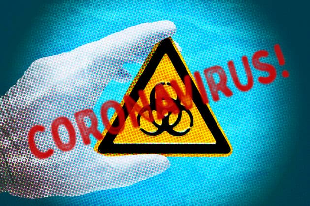 PHOTOMONTAGE, The lettering Coronavirus in front of a biohazard sign ** NUR FUER REDAKTIONELLE ZWECKE ** EDITORIAL USE ONLY **