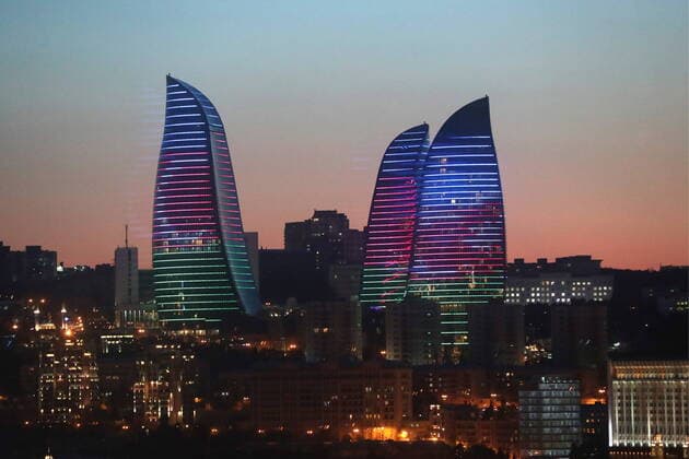 BAKU, AZERBAIJAN - JANUARY 23, 2020: A sunset view of the Flame Towers. Vladimir Gerdo TASS  TS0CB720
