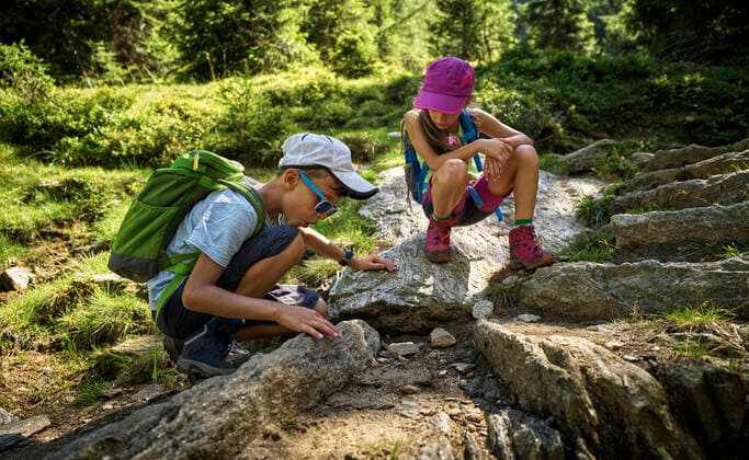Boy and girl on a hiking trip watching ants, Passeier Valley, South Tyrol, Italy model released Symbolfoto  DIKF00319