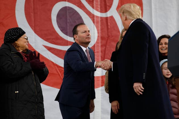 United States President Donald J. Trump greets US Senator Mike Lee (Republican of Utah),a participant on stage at the 47th annual March for Life on the National Mall in Washington, DC on January 24, 2020. Copyright: xYurixGripasx
