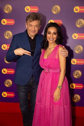 Singer and television presenter Bart Peeters and actress Nora Gharib pictured during the Gala van de Gouden K s award show, organized by Flemish children s television channel Ketnet, Saturday 25 January 2020 in Antwerp.  JAMESxARTHURxGEKIERE 2462547