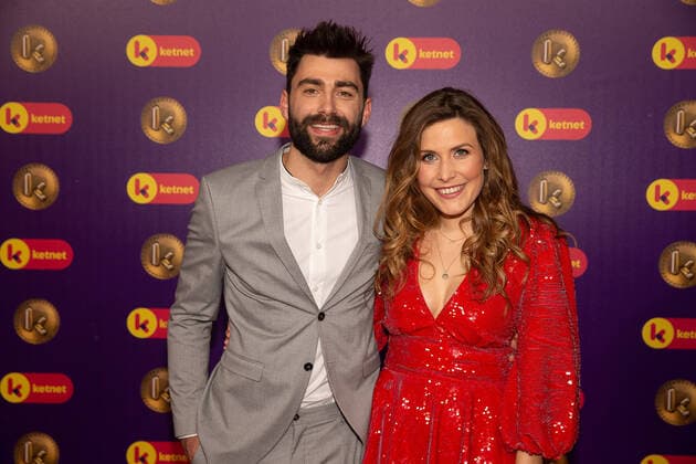 Sieg De Doncker and actress and singer Maureen Vanherberghen pictured during the Gala van de Gouden K s award show, organized by Flemish children s television channel Ketnet, Saturday 25 January 2020 in Antwerp.  JAMESxARTHURxGEKIERE 2462595