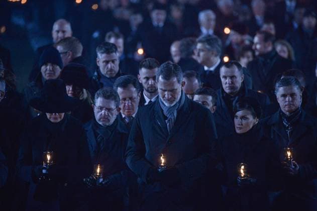 Queen Mathilde of Belgium, King Felipe of Spain and Queen Letizia of Spain attend the official ceremony to commemorate the 75th anniversary of the liberation of the Auschwitz-Birkenau World War II German Nazi concentration camp in Oswiecim, Poland, Monday 27 January 2020.  ALEKSIEJxWITWICKI 2464411