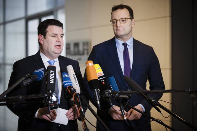 Federal Health Minister Jens Spahn, CDU and Federal Labour Minister Hubertus Heil, SPD, make a press statement in the German Bundestag in Berlin 29 01 2020 Berlin Germany Copyright: xFelixxZahn photothek.netx
