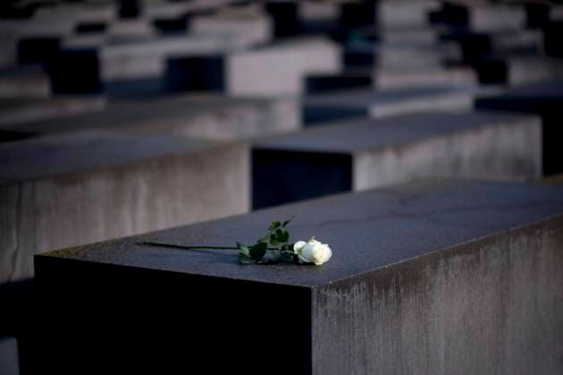 Holocaust Memorial - 75th Anniversary Of The Liberation Of Auschwitz Deu, Deutschland, Germany, Berlin, 27.01.2020 Weisse Rose auf einer Stele vom Holocaust Mahnmal bei der Gedenkveranstaltung fuer die ermordeten Juden Europas am Holocaust-Mahnmal und der Gedenkstaette Topographie des Terrors in Berlin. In Gedenken am 75. Jahrestag der Befreiung von Auschwitz veranstaltet die juedische Gemeinde und antifaschistische Initiativen unter dem Motto Kein Vergessen Kein Vergeben zur Erinnerung an die ermordeten Juden Europas im Dritten Reich. White rose on a stele of the Holocaust Memorial at the ceremony to commemorate the victims of the Holocaust at the Memorial to the Murdered Jews of Europe, also called the Holocaust Memorial, on the 75th anniversary of the liberation of the Auschwitz death camp on January 27, 2020 in Berlin, Germany. Politi