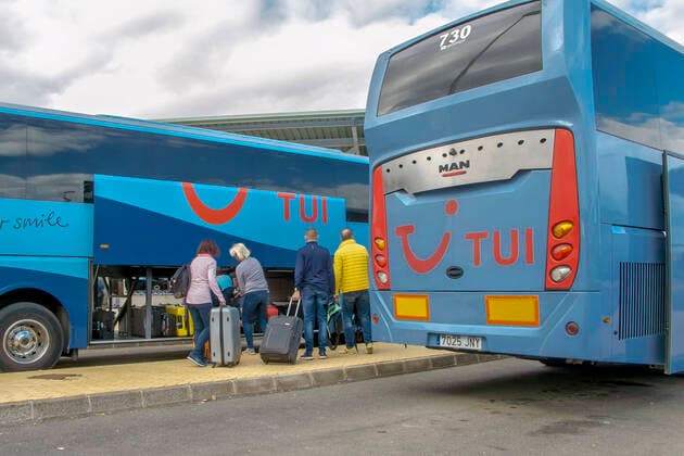 Transfer of tourists with TUI buses to the hotel seen on 06 01 2020 at Rosario Airport in Fuerteventura