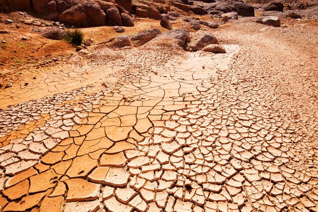 A dried up river bed in the Anti Atlas mountains of Morocco, North Africa. In recent years, rainfall totals have reduced by around 75% as a result of climate change. This has led to many Berb Tafraoute, Souss-Massa, Morocco CR_OQMH191212C-251074-01