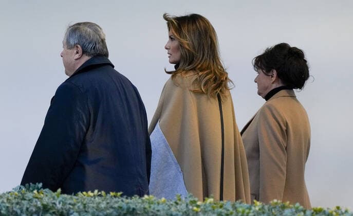 First Lady Melania Trump walks toward the Oval Office with her parents, Viktor and Amalija Knavs, prior to departing the White House en route to Mar-a-Lago on Friday, January 31, 2020 in Washington, DC. President Trump departs as Senate debates witnesses and documents in the impeachment trial.  WAP20200131924 LeighxVogel