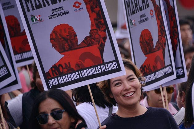 National Struggle Day protest in Mexico MEXICO CITY, MEXICO - JANUARY 31: Demonstrators take part during a march called National Struggle Day to protest for labor equality and demand labor rights and demand a job stability program during the demonstration, integrants of Union of Telephone Operators of the Mexican Republic, National Workers Union, Mexican Union of Electricians, Independent Workers Union of the Autonomous Metropolitan University participating to demand from the Federal Government a change of economic, political and social course for the country; as well as a dialogue around the Alternative Nation Project. at Reforma Avenue on January 31, 2020 in Mexico City, Mexico Copyright: xCarlosxTischlerx EYE_6548
