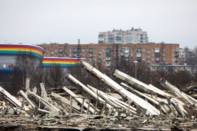 ST PETERSBURG, RUSSIA - FEBRUARY 1, 2020: The ruins of the Saint Petersburg Sports and Concert Complex that partially collapsed during demolition. According to preliminary estimates, the collapse area amounts to 28,000 square meters which comprises about 80% of walls and roof structures. A worker died in the collapse. Roman Pimenov TASS  TS0CC8EF