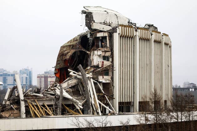 ST PETERSBURG, RUSSIA - FEBRUARY 1, 2020: The ruins of the Saint Petersburg Sports and Concert Complex that partially collapsed during demolition. According to preliminary estimates, the collapse area amounts to 28,000 square meters which comprises about 80% of walls and roof structures. A worker died in the collapse. Roman Pimenov TASS  TS0CC8F0