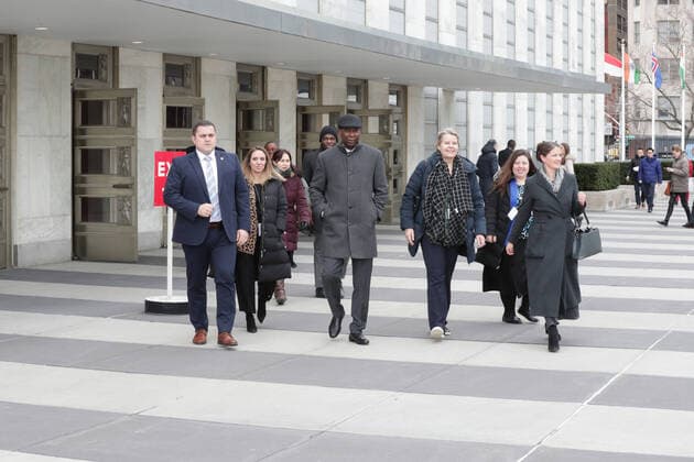 January 31, 2020, New York, NY, USA: United Nations, New York, USA, January 31, 2020 - Tijjani Muhammad-Bande, President of the seventy-fourth session of the United Nations General Assembly, meets with a group of students to mark Black History Month by the Ark of Return , today at the UN Headquarters in New York. The Ark is inviting people to contemplate the legacy of the slave trade and to fight against racism and prejudice today.Photo: EuropaNewswire..PHOTO CREDIT MANDATORY. New York USA - ZUMAra1_ 20200131_zap_ra1_001 Copyright: xLuizxRampelottox