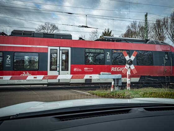 Guben in the federal state of Brandenburg Regio of DB Deutsche Bahn passes a restricted level crossing Guben