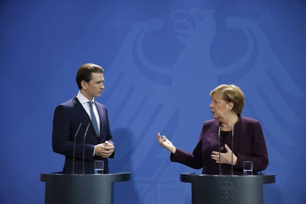 2020 Bilder des Jahres, News 02 Februar News Themen der Woche KW06 News Bilder des Tages Bundeskanzler der Republik Österreich, Sebastian Kurz, Bundeskanzlerin Angela Merkel, Deutschland, Berlin, Bundeskanzleramt, Pressekonferenz von Bundeskanzlerin Angela Merkel und Bundeskanzler Sebastian Kurz nach dem gemeinsamen Gespräch , 03.02.2020 *** Federal Chancellor of the Republic of Austria, Sebastian Kurz, Federal Chancellor Angela Merkel, Germany, Berlin, Federal Chancellery, Press conference of Federal Chancellor Angela Merkel and Federal Chancellor Sebastian Kurz after the joint meeting , 03 02 2020