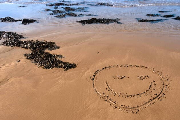 smiley a smiley face icon inscribed on the beach with waves in the background on a hot sunny day  Copyright: xmorrbytex 1489317