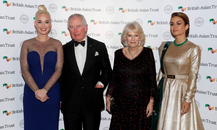 . 04 02 2020. London, United Kingdom. The Prince of Wales and the Duchess of Cornwall with American musician Katy Perry and Indian businesswoman Natasha Poonawalla at a reception for the British Asian Trust in London.  xPoolx xi-Imagesx IIM-20726-0006