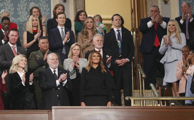 February 4, 2020, Washington, District of Columbia, USA: First lady Melania Trump, her guests and members of the Trump family arrive in the first lady s box in the House chamber to attend U.S. President Donald Trump s State of the Union address to a joint session of the U.S. Congress in the House Chamber of the U.S. Capitol in Washington, U.S. February 4, 2020. .Credit: Pool via CNP Washington USA - ZUMAs152 20200204_zaa_s152_015 Copyright: xLeahxMillisx