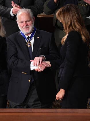Conservative broadcaster Rush Limbaugh is awarded the Presidential Medal of Freedom by First Lady Melania Trump during President Trump s State of the Union address to a joint session of Congress in the House Chamber of the U.S. Capitol in Washington, DC on Tuesday, February 4, 2020.  WAP20200204807 KEVINxDIETSCH