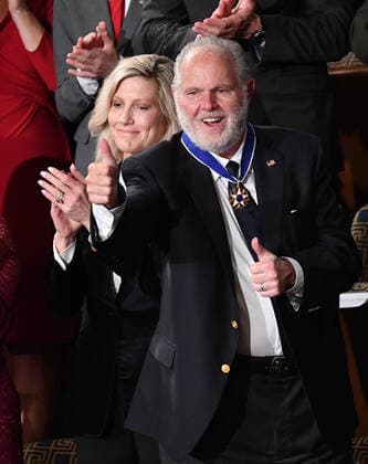 Conservative broadcaster Rush Limbaugh gives as thumbs up after being awarded the Presidential Medal of Freedom by First Lady Melania Trump during President Trump s State of the Union address to a joint session of Congress in the House Chamber of the U.S. Capitol in Washington, DC on Tuesday, February 4, 2020.  WAP20200204806 KEVINxDIETSCH