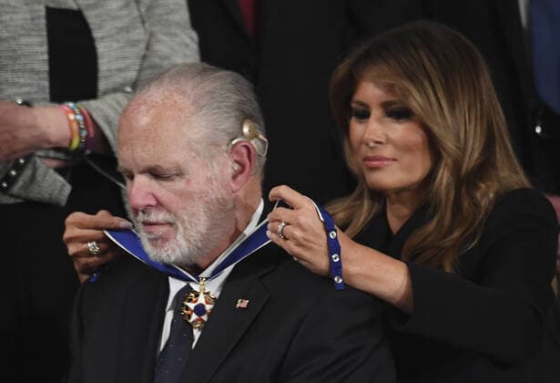 First Lady Melania Trump presents the Presidential Medal of Freedom to conservative commentator Rush Limbaugh as President Donald Trump delivers his State of the Union address to a joint session of Congress in the House Chamber of the U.S. Capitol in Washington, DC on Tuesday, February 4, 2020.  WAP20200204163 PATxBENIC
