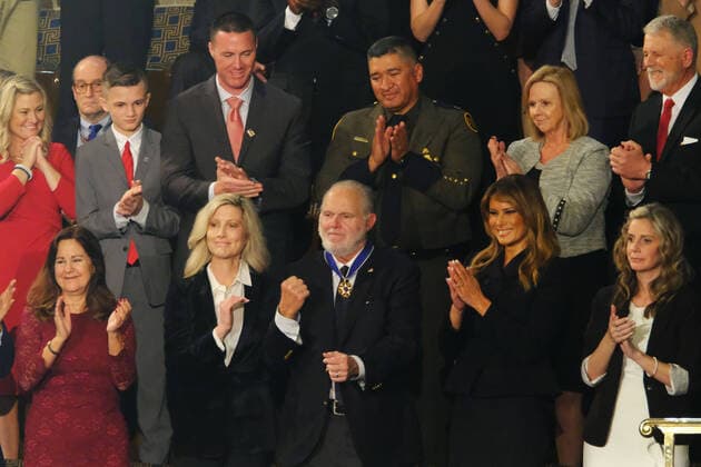 February 4, 2020, Washington, District of Columbia, USA: American radio personality Rush Limbaugh is applauded at the 2020 State of the Union Address on Capitol Hill on February 4, 2020. Credit: CNP Washington USA - ZUMAs152 20200204_zaa_s152_147 Copyright: xAlexxWroblewskix