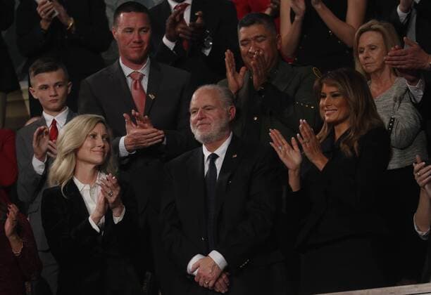 Radio personality Rush Limbaugh is honored by U.S. President Donald Trump with a Presidential Medal of Freedom as he stands with first lady Melania Trump during the State of the Union address to a joint session of the U.S. Congress in the House Chamber of the U.S. Capitol in Washington, U.S. February 4, 2020. Copyright: xWroblewskix xCNPx xMediaPunchx