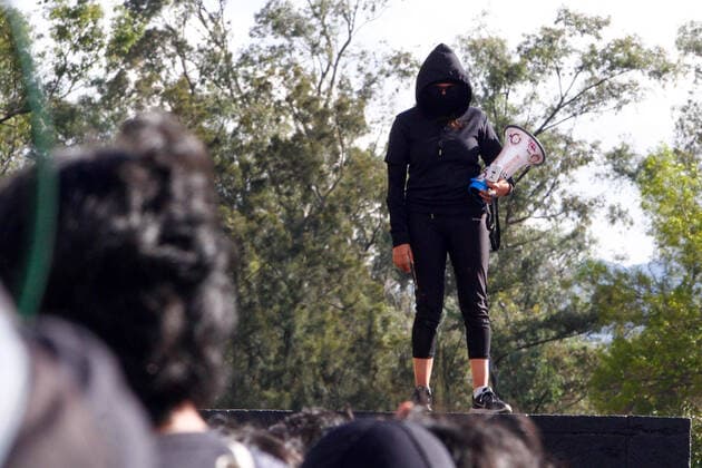 February 4, 2020 EUM20200204SOC21 JPG CIUDAD DE MEXICO ProtestProtest UNAM February 4, 2020 Hooded people painted in the Rectory building during the demonstration of students from the Escuela Nacional Preparatoria 9 in front of UNAM Photo Agency EL UNIVERSALKarina ContrerasEELG  - ZUMAu78_ 20200204_zaf_u78_049 Copyright: xElxUniversalx