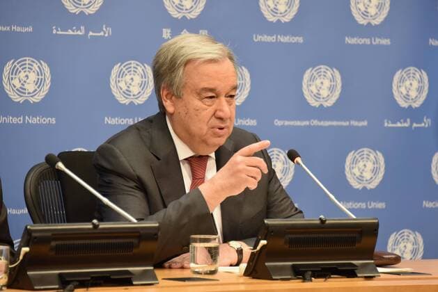 (200205) -- UNITED NATIONS, Feb. 5, 2020 -- United Nations Secretary-General Antonio Guterres speaks at a press conference at the UN headquarters in New York, on Feb. 4, 2020. UN Secretary-General Antonio Guterres on Tuesday voiced concern about the possibility of discrimination against certain groups of people due to the novel coronavirus epidemic. He appealed for a strong feeling of international solidarity, a strong feeling of support to China in these difficult circumstances but also to other countries that might be impacted, and a strong concern to avoid the stigmatization of people that are innocent and that might be victims of that situation. ) UN-GUTERRES-PRESS CONFERENCE-CORONAVIRUS WangxJiangang 
