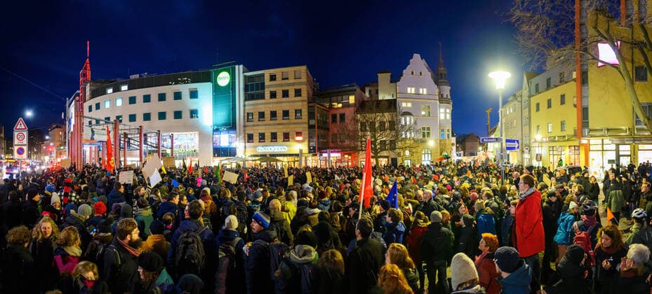 Demonstration on the timber market Jena against the election of the new Prime Minister of Thuringia Thomas Karl Leonard Kemmerich FDP on 5 2 2020 Holzmark Jena