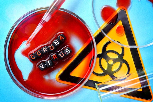 Biohazard label, Petri dish and test tube with the lettering Coronavirus, symbol photo Coronavirus ** NUR FUER REDAKTIONELLE ZWECKE ** EDITORIAL USE ONLY **