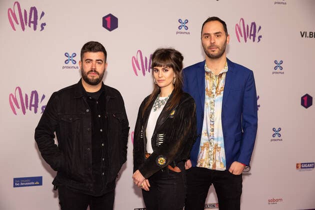 Band Brutus, with Stefanie Mannaerts, Stijn Vanhoegaerden and Peter Mulders pictured during the 13th edition of the MIA s (Music Industry Award) award show, in Brussels, Thursday 06 February 2020. The MIA awards are handed out by the VRT and Poppunt.  JAMESxARTHURxGEKIERE 2469861