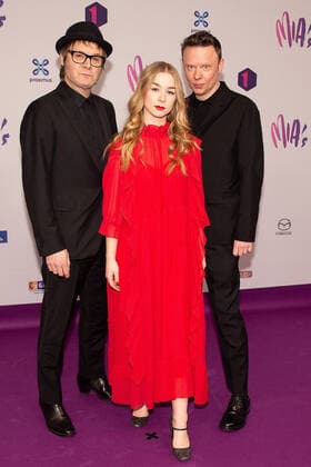 Hooverphonic s Raymond Geerts, Luka Kruisbergs and Alex Calier pictured during the 13th edition of the MIA s (Music Industry Award) award show, in Brussels, Thursday 06 February 2020. The MIA awards are handed out by the VRT and Poppunt.  JAMESxARTHURxGEKIERE 2469879
