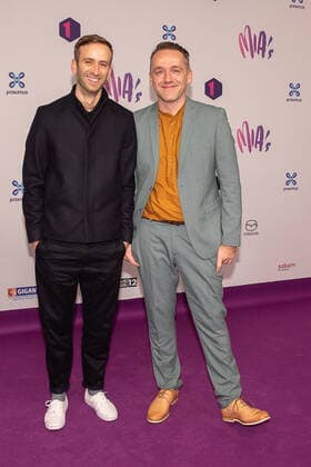 Radio and television journalist Xavier Taveirne (R) and his partner Bas pictured during the 13th edition of the MIA s (Music Industry Award) award show, in Brussels, Thursday 06 February 2020. The MIA awards are handed out by the VRT and Poppunt.  JAMESxARTHURxGEKIERE 2469935