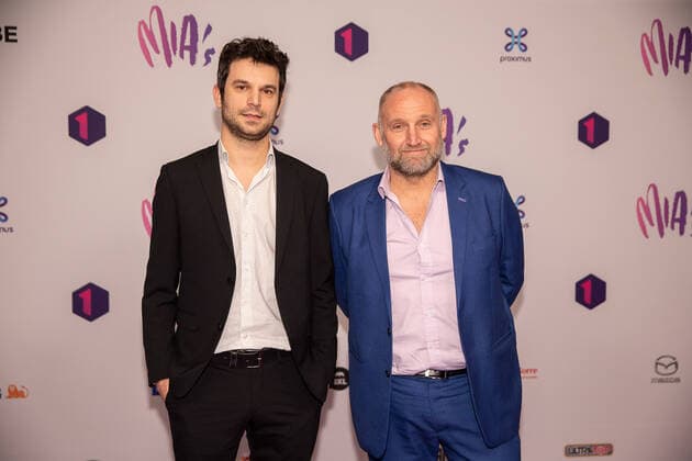 An unidentified man and television presenter Jan Van Looveren pictured during the 13th edition of the MIA s (Music Industry Award) award show, in Brussels, Thursday 06 February 2020. The MIA awards are handed out by the VRT and Poppunt.  JAMESxARTHURxGEKIERE 2469941