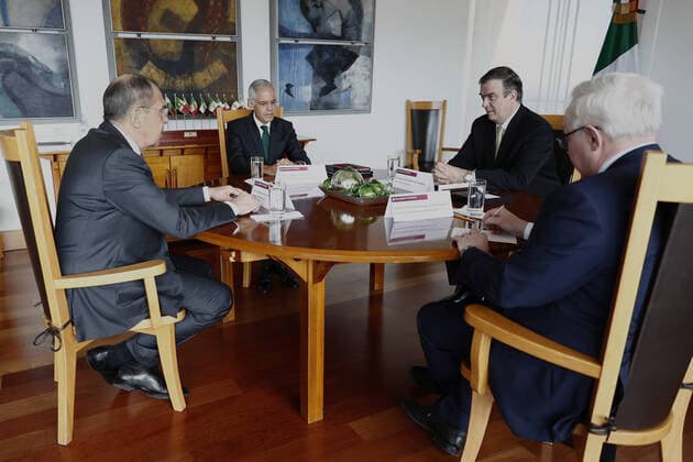 MEXICO CITY, MEXICO - FEBRUARY 6, 2020: Russia s Foreign Minister Sergei Lavrov, Mexico s Foreign Secretary Marcelo Ebrard (L-R middle), their deputies Sergei Ryabkov (R front) and Julian Ventura Valero respectively, during a meeting. Russian Foreign Ministry TASS  TS0CD60D