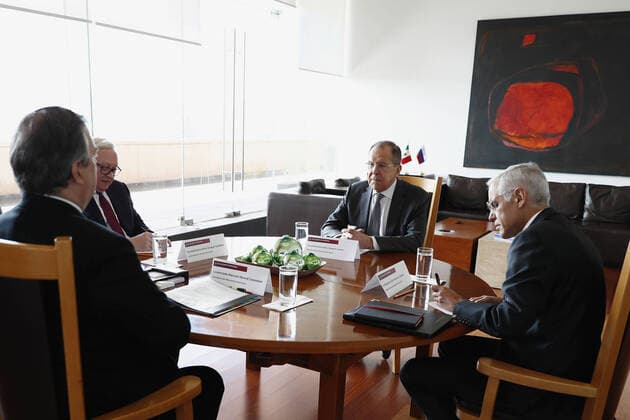 MEXICO CITY, MEXICO - FEBRUARY 6, 2020: Russia s Foreign Minister Sergei Lavrov (C back), Mexico s Foreign Secretary Marcelo Ebrard (L front), their deputies Sergei Ryabkov (L back) and Julian Ventura Valero respectively, during a meeting. Russian Foreign Ministry TASS  TS0CD60E