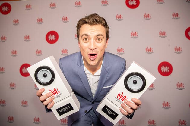 actor and singer Niels Destadsbader poses with his awards after the 13th edition of the MIA s (Music Industry Award) award show, in Brussels, Thursday 06 February 2020. The MIA awards are handed out by the VRT and Poppunt.  JAMESxARTHURxGEKIERE 2470201