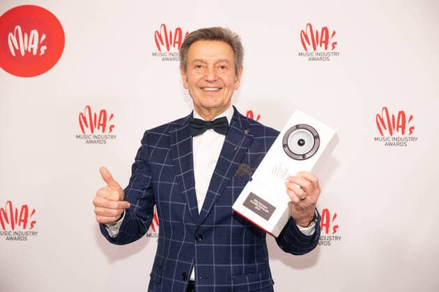 Willy Sommers poses with his award after the 13th edition of the MIA s (Music Industry Award) award show, in Brussels, Thursday 06 February 2020. The MIA awards are handed out by the VRT and Poppunt.  JAMESxARTHURxGEKIERE 2470213