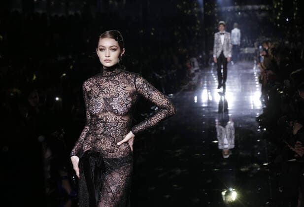 Gigi Hadid walks on the runway at the Tom Ford AW20 Show at Milk Studios on Friday, February 07, 2020 in Hollywood, California.  LAP20200207519 JOHNxANGELILLO