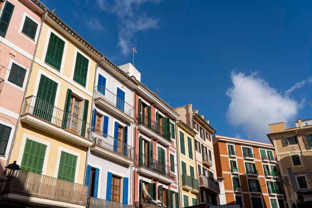 Houses in the Placa d En Coll, old town of Palma de Mallorca, Mallorca, Spain, Palma de Mallorca